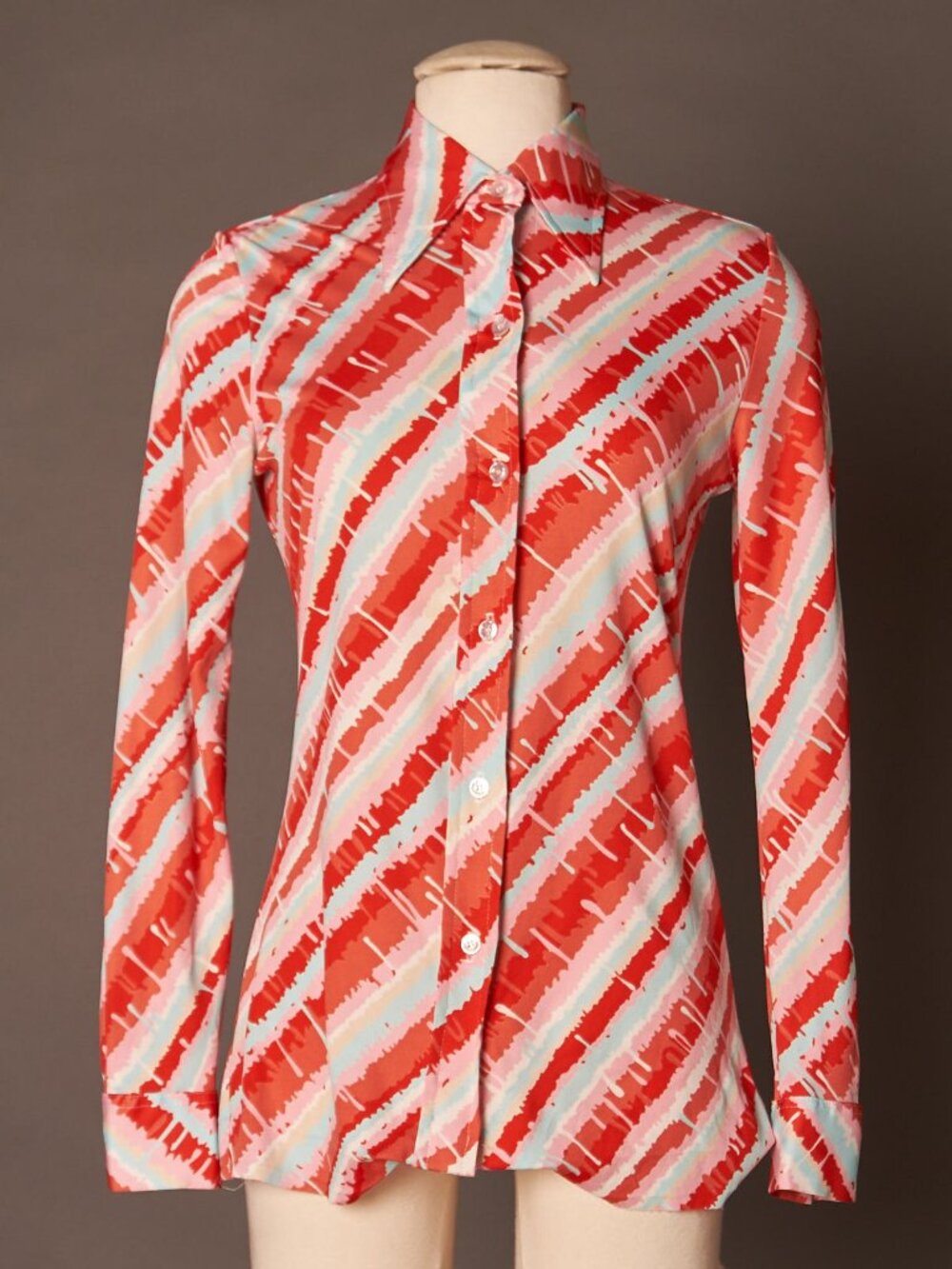 1970s Disco Dagger Collar Red Pink and Blue Shirt